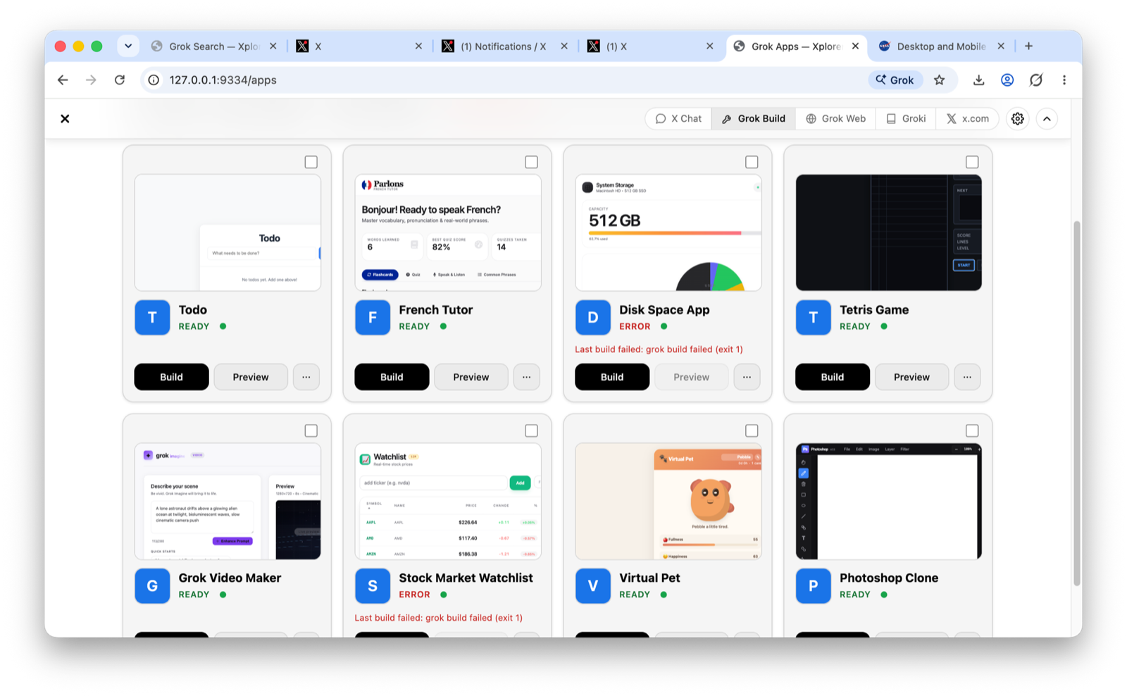 Grok Build app builder with live preview